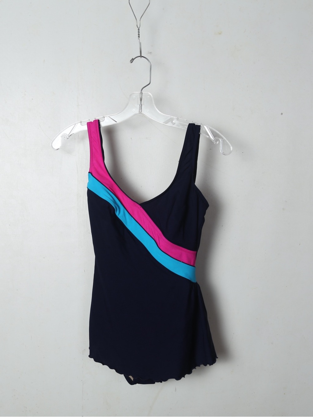 Navy One-Piece Swimsuit with Pink & Teal Accent Bands
